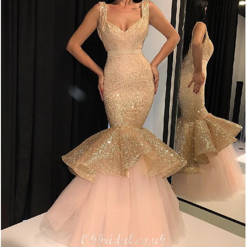Elegant Mermaid Tulle V-neck Sparkly Sleeveless Prom Dress, FC4152 Tunics Business professional Elegant Mermaid Tulle V-neck Sparkly Sleeveless Prom Dress, FC4152 Tunics Business professional