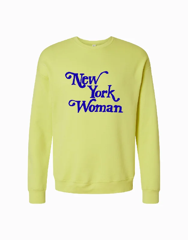 New York Woman Sweatshirt - Neon Yellow/Blue Hoodie with Batwing Sleeves Loose Dramatic