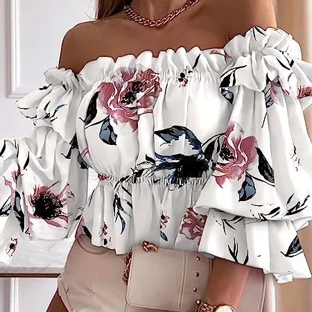 Women's Long Sleeve Ruffle Hem Peplum Crop Top Renaissance Peasant Blouse Off Shoulder Short Smocked Wench Top Lightweight S4440251 Cozy Warm Stylish