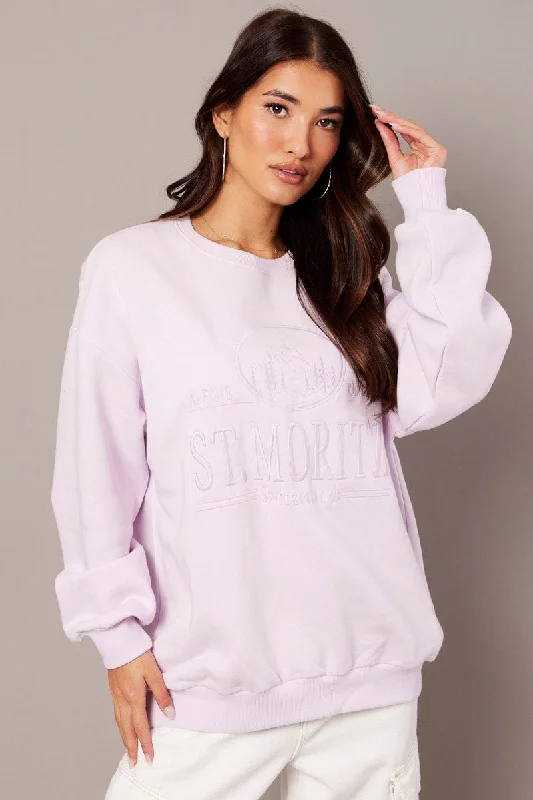 Purple Graphic Sweater Long Sleeve Mesh Fabric Canvas Fabric Denim Fabric