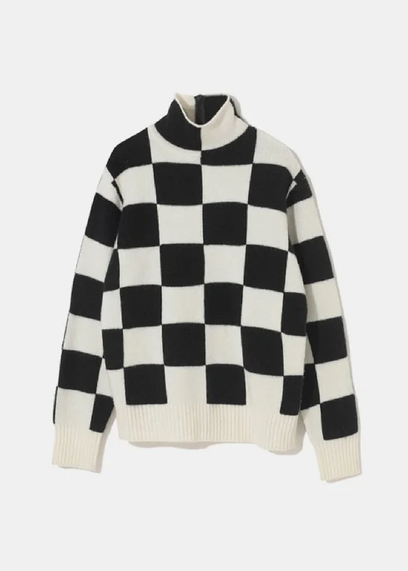 Black/White Check Turtleneck Sweater Real Fur Shearling Chenille