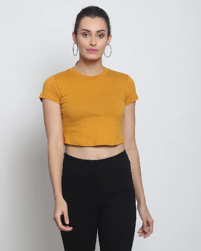 Crop Top: Solid Mustard Denim Fabric Leather Fabric Suede Fabric