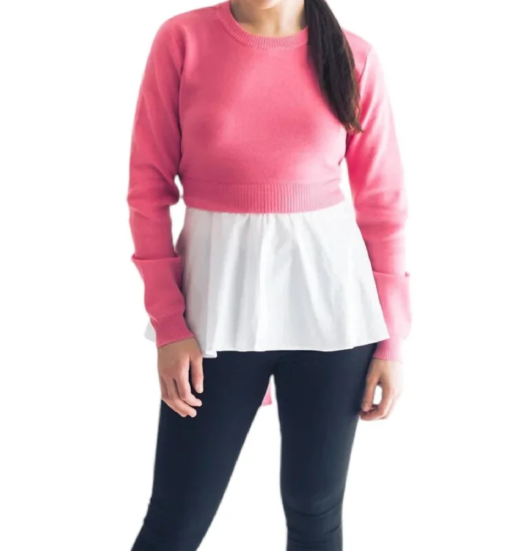Payton Sweater & Shirt Combo Top In Pink/white Knit Fabric Woven Fabric Fleece Fabric