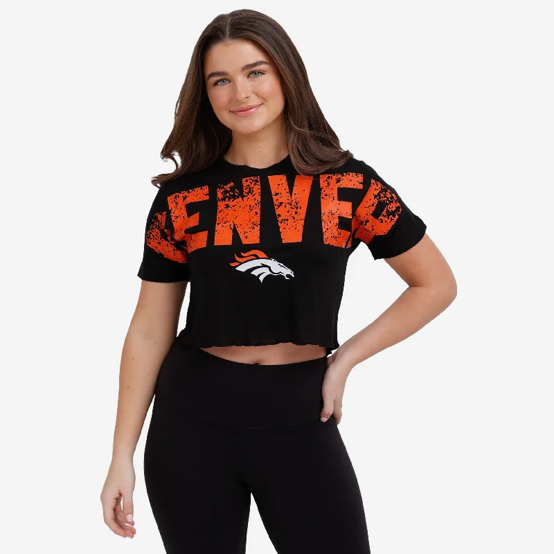 Denver Broncos Womens Distressed Wordmark Crop Top Front Pockets Side Pockets Patch Pockets