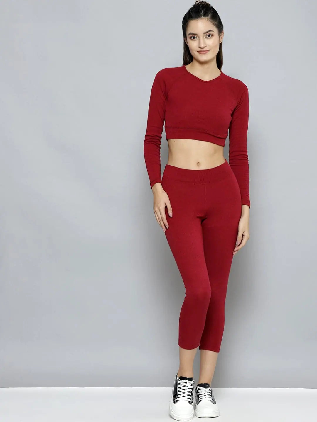 Women Maroon Rib ACTIVE Crop Top With Tights Lace Blend Ribbed Blend Corduroy Blend