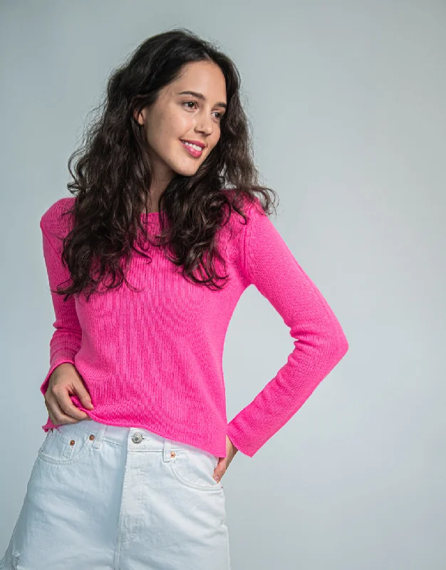 Crew Neck Sweater in Fluro Pink Open Front Closed Front Wrap Front