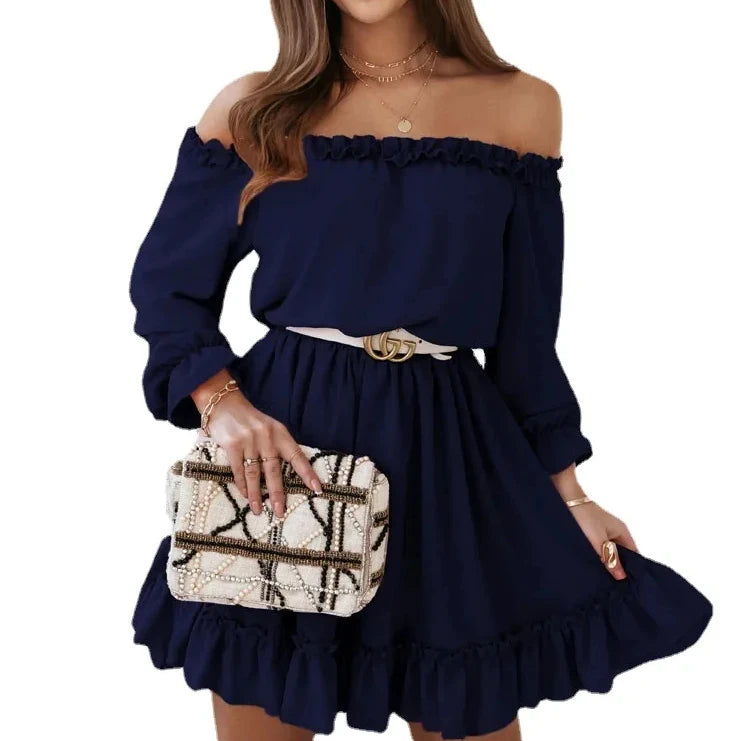 2024 Europe and the United States Spring and Summer New Women's Fashion Casual Solid Color One-line Shoulder Waist Dress 2024 Europe and the United States Spring and Summer New Women's Fashion Casual Solid Color One-line Shoulder Waist Dress