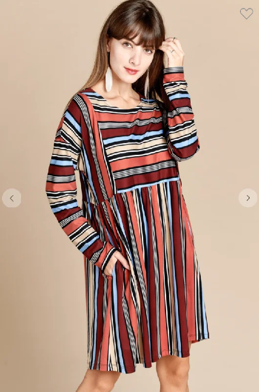 Multi-Color Variegated Striped Babydoll Dress