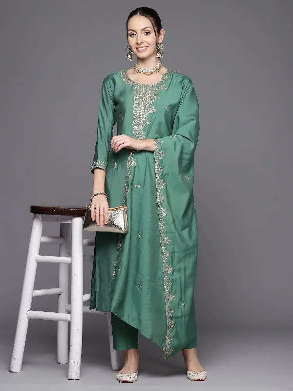 Women's Green Embroidered Straight Kurta Trousers With Dupatta  Set - Indo Era Trousers High Rise Slim Fit
