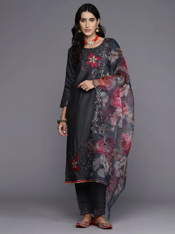 Women's Grey Embroidered Straight Kurta Trousers With Dupatta Set - Indo Era Trousers Palazzo Wide Leg