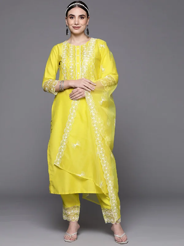 Women's Olive Embroidered Straight Kurta Trouser With Dupatta Set - Indo Era Trousers Cargo pockets