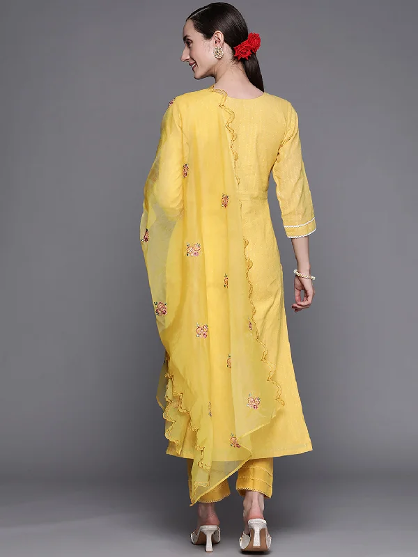 Women's Mustard Embroidered Straight Kurta Trousers With Dupatta Set - Indo Era Trousers Fall Fleece