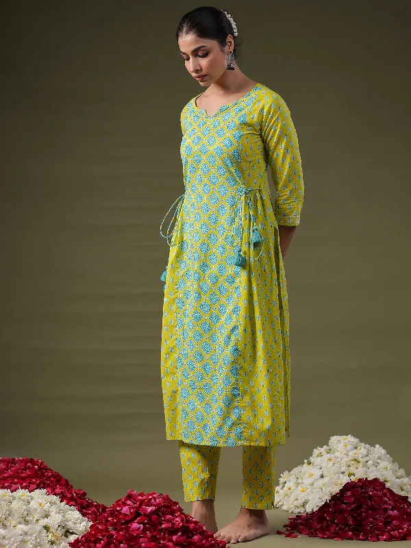 Women's Green Printed Straight Kurta Trousers Set - Indo Era Trousers fashionable chic