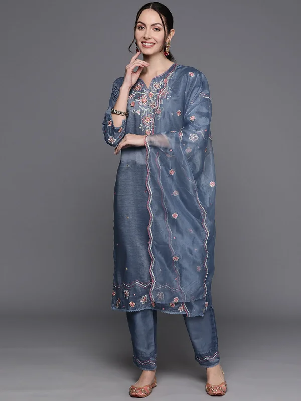 Women's Blue Embroidered Straight Ethnic Kurta Trousers With Dupatta Set - Indo Era Trousers Occasion Special