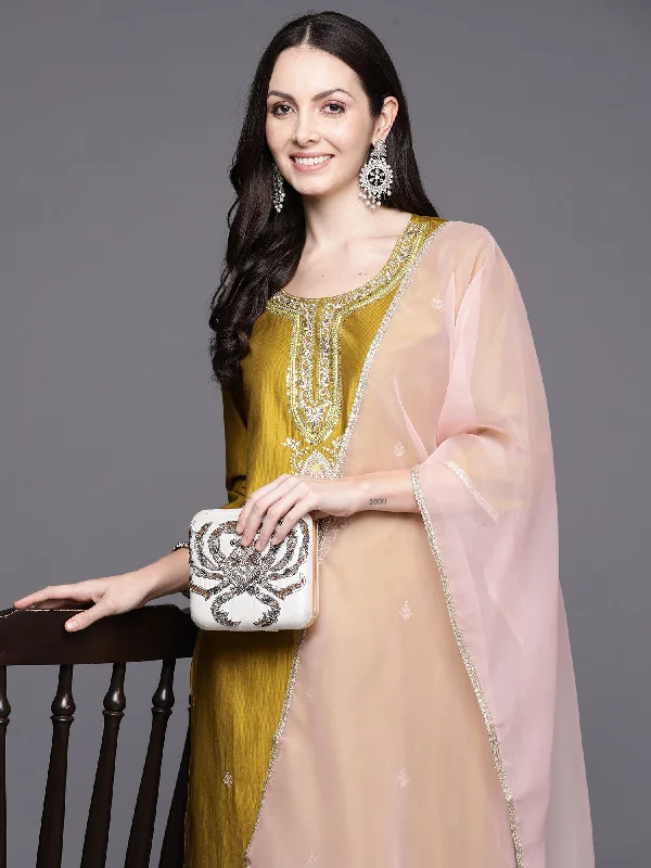 Women's Olive Embroidered Straight Kurta Trousers With Dupatta Set - Indo Era Trousers Plaid Checkered