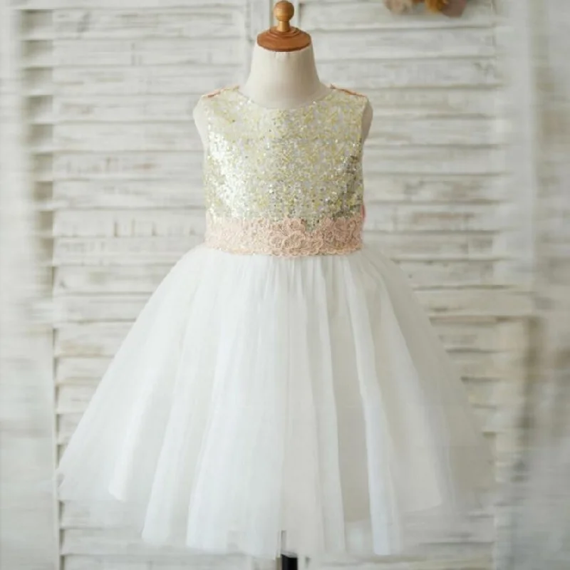 Lovely Lace Sleeveless Open Back Sequins Tulle Flower Girl Dresses With Bow Sash, FGS028 Lovely Lace Sleeveless Open Back Sequins Tulle Flower Girl Dresses With Bow Sash, FGS028
