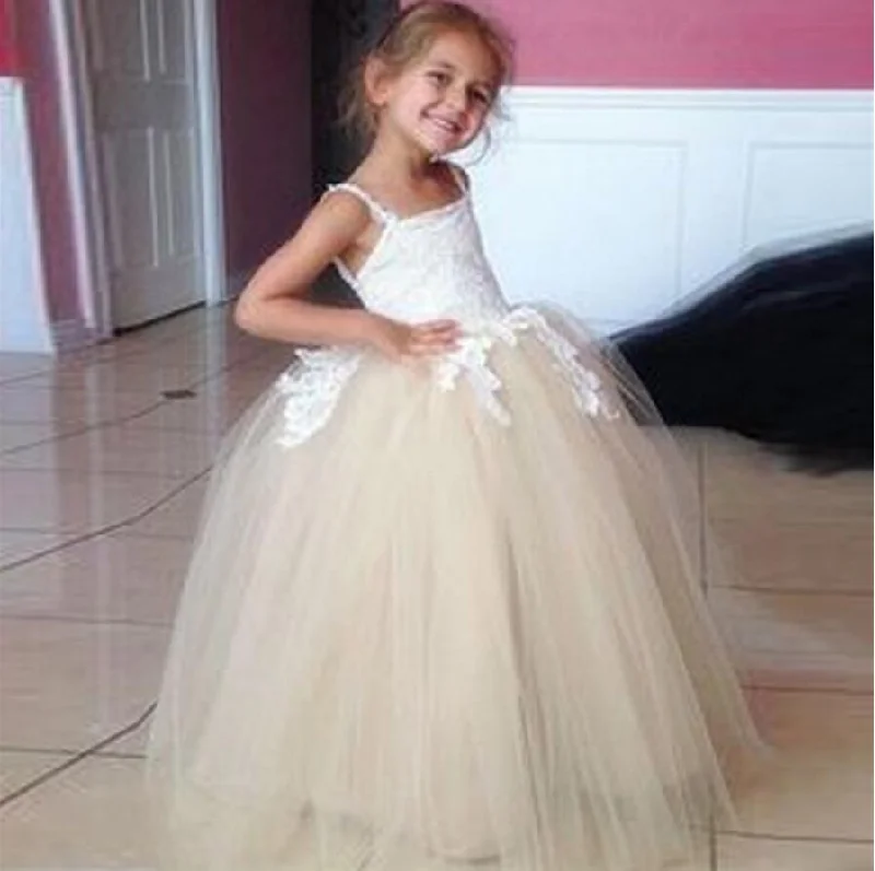 Tulle Applique Spaghetti Straps Backless Flower Girl Dresses, Lovely Tutu Dresses, FGS007 Tulle Applique Spaghetti Straps Backless Flower Girl Dresses, Lovely Tutu Dresses, FGS007