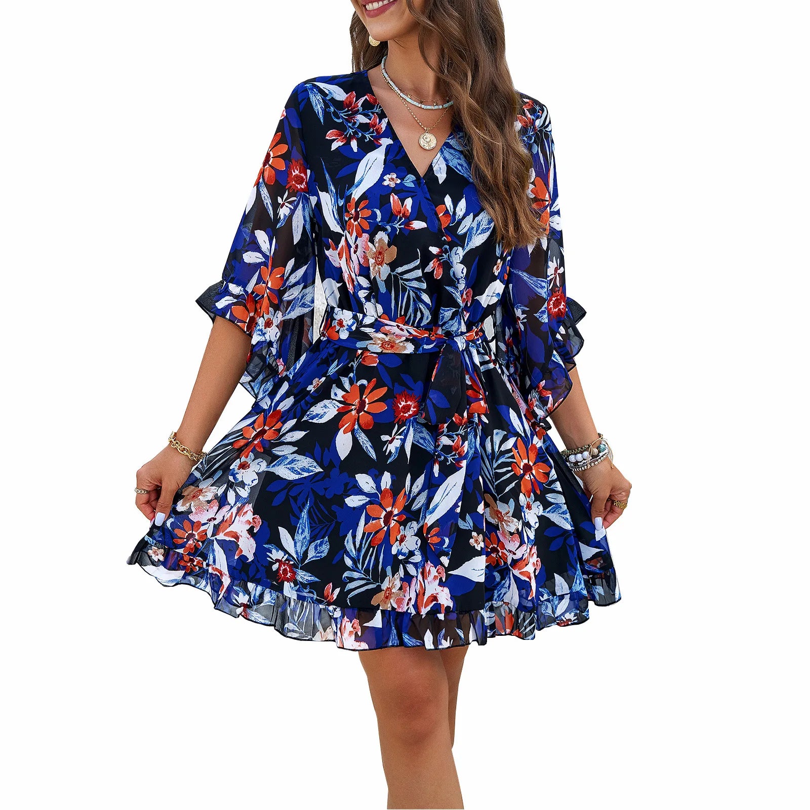 Temperament V Neck Lace Splice Hollow Out Printing High Waist Casual Dress Women Summer New Big Swing Dress Temperament V Neck Lace Splice Hollow Out Printing High Waist Casual Dress Women Summer New Big Swing Dress