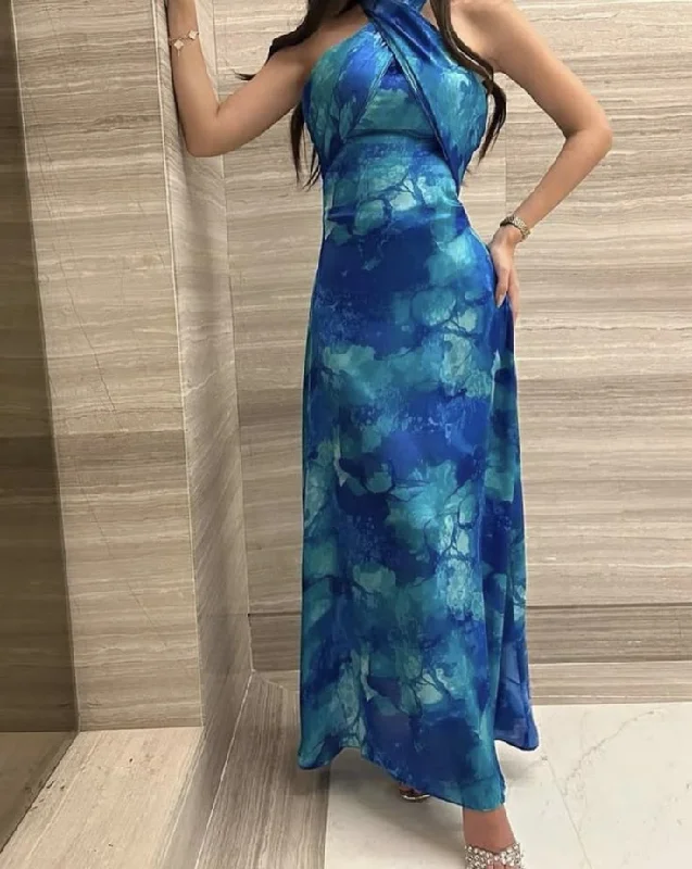 Unique Blue Halter Chiffon Long Prom Evening Dress Y8108