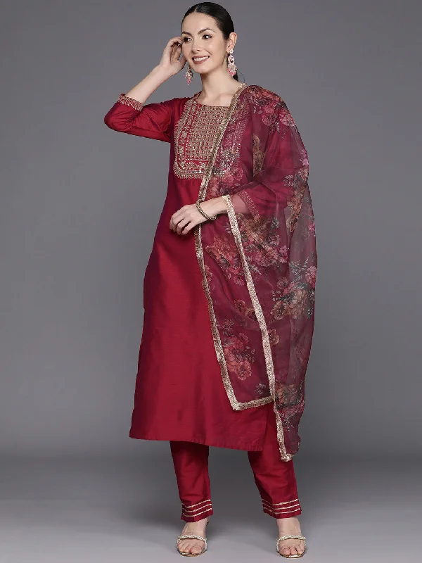 Women's Pink Embroidered Straight Kurta Trousers With Dupatta Set - Indo Era Trousers practical durable
