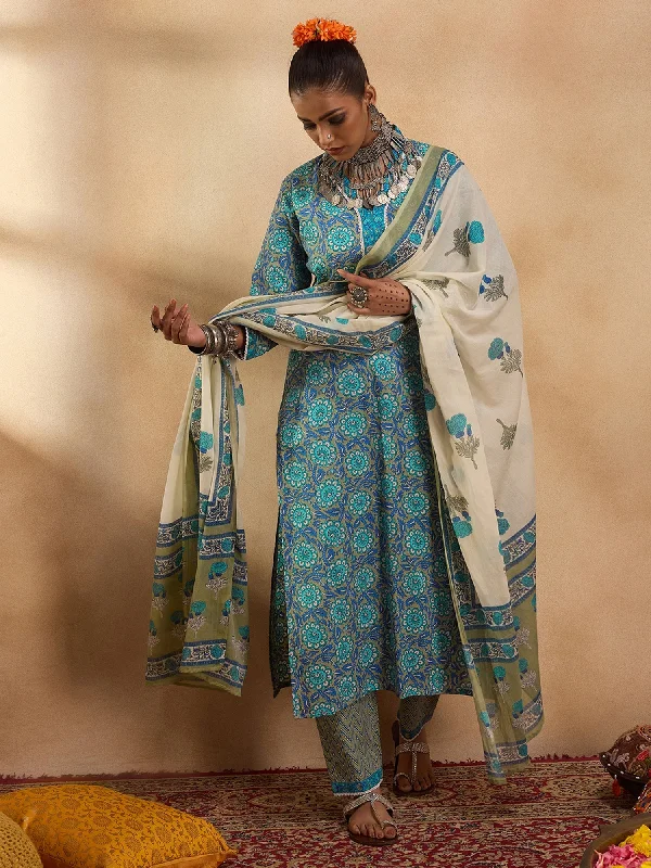 Women's Blue Printed Straight Kurta Trousers With Dupatta Set - Indo Era Trousers Party Sparkling