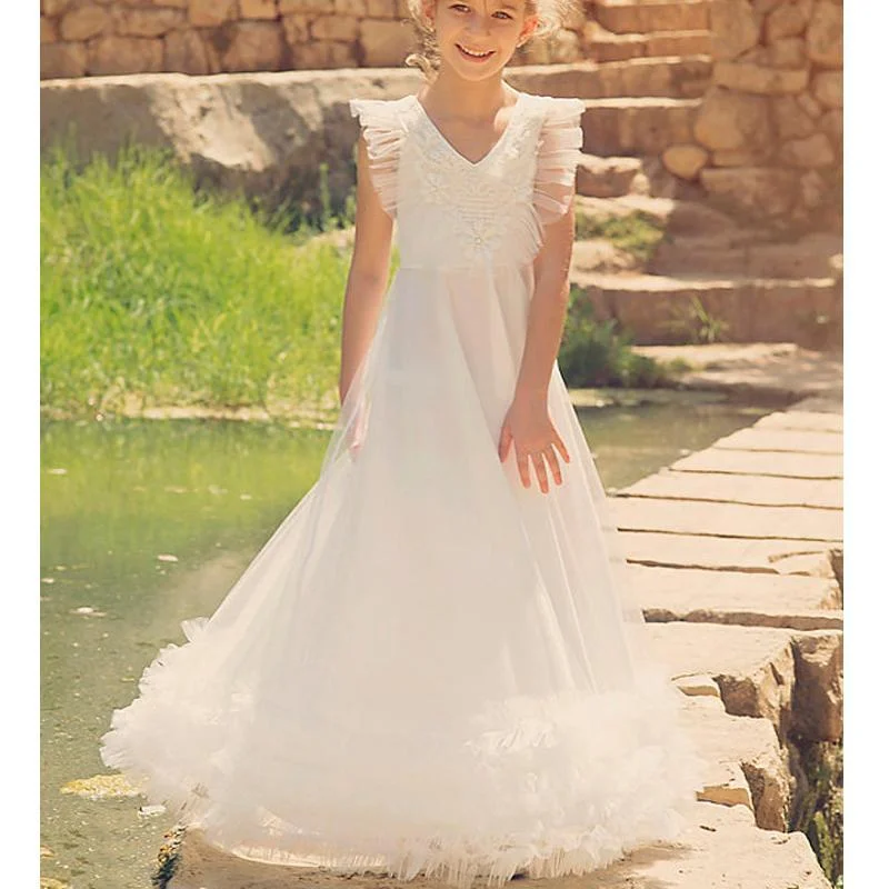 V-neck Ivory Tulle Appliques A-lone Long Little Girl Dresses, Lovely Flower Girl Dresses, FG065 V-neck Ivory Tulle Appliques A-lone Long Little Girl Dresses, Lovely Flower Girl Dresses, FG065