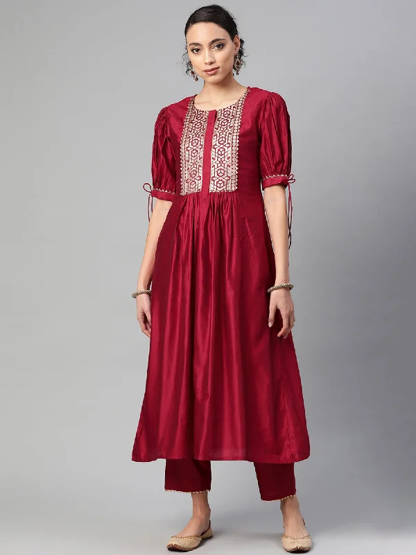 Women's Red Solid Straight Kurta Trouser Set - Indo Era Trousers Pleated Formal