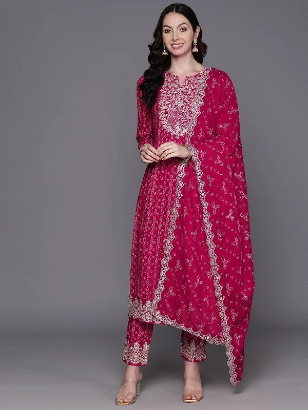 Women's Pink Printed A-Line Kurta Trousers With Dupatta Set - Indo Era Trousers Velvet Soft