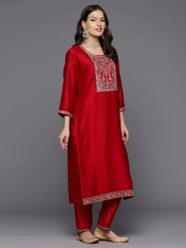 Women's Red Embroidered Straight Kurta Trousers With Dupatta Set - Indo Era Trousers Velvet Soft