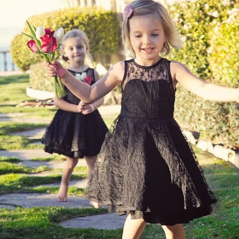 Round Neck Illusion Black Lace Cute V-back Flower Girl Dresses, Little Girl Birthday Dress, FG013 Round Neck Illusion Black Lace Cute V-back Flower Girl Dresses, Little Girl Birthday Dress, FG013