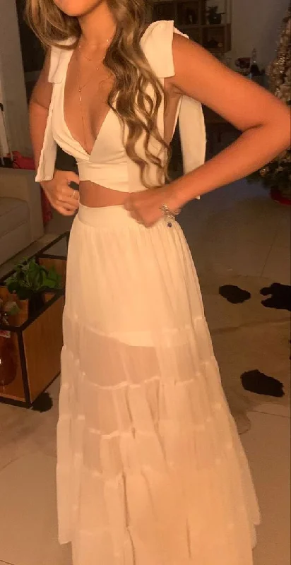 Charming Two Piece White Evening Dress,White Wedding Guest Dress Y1326