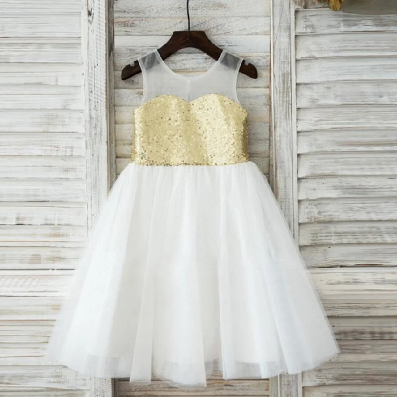 Lovely Shiny Golden Sequins Sweetheart Round Neck Sleeveless Flower Girl Dresses, FGS036 Lovely Shiny Golden Sequins Sweetheart Round Neck Sleeveless Flower Girl Dresses, FGS036