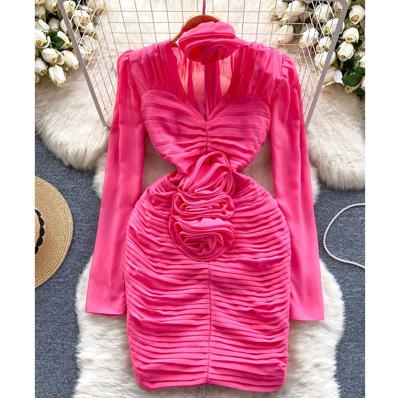 2024 Hot Sale New Long Sleeve Pleated Mini Short Temperament Romantic Sexy Pink Bodycon Beautiful Evening Dress 2024 Hot Sale New Long Sleeve Pleated Mini Short Temperament Romantic Sexy Pink Bodycon Beautiful Evening Dress