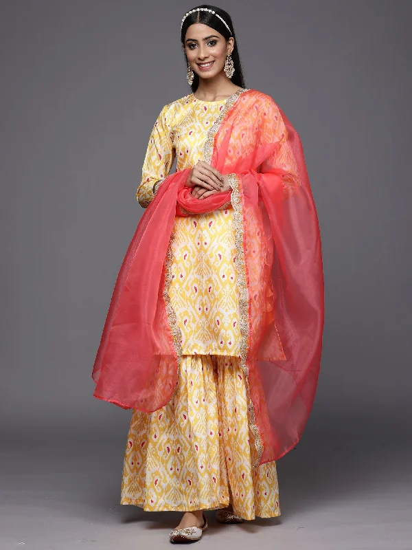 Women's Kesariya Yellow Printed Straight Kurta Trouser With Dupatta Set - Indo Era Trousers Essential Wardrobe