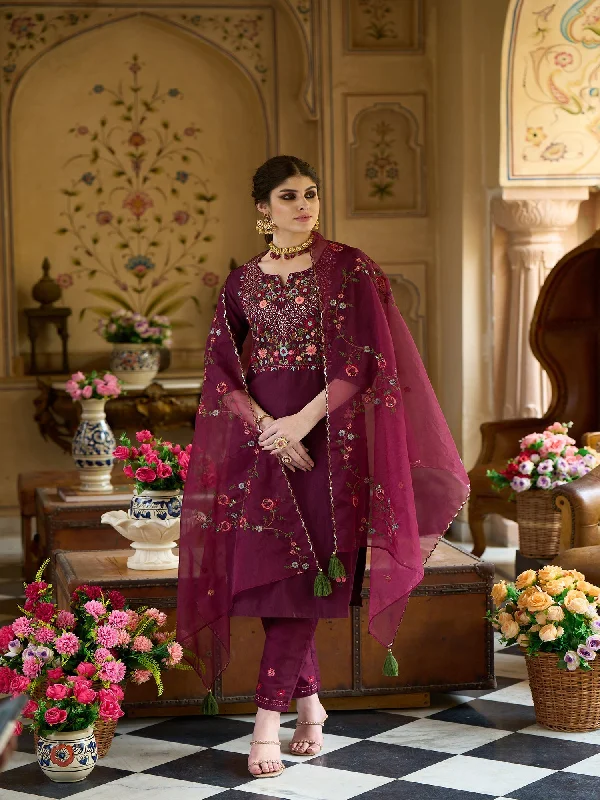 Women's Wine Embroidered Straight Kurta Trousers With Dupatta Set - Indo Era Trousers Favorite Customer