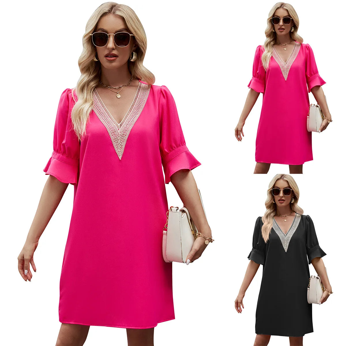 2024 Europe and the United States summer new solid color V-neck lace loose pleated five-quarter sleeve dress women 2024 Europe and the United States summer new solid color V-neck lace loose pleated five-quarter sleeve dress women