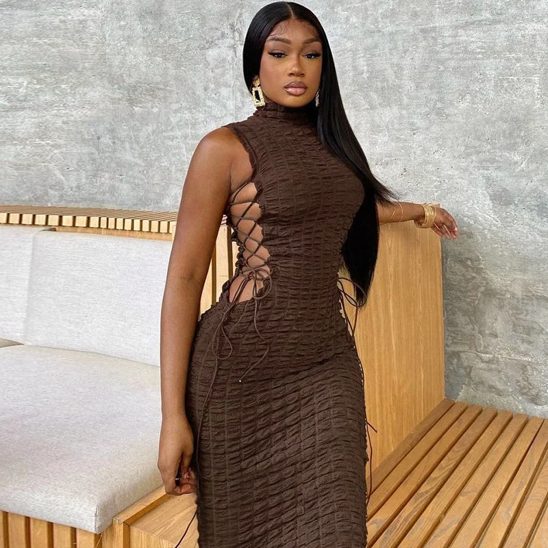 Fashion Round Neck Sleeveless Sexy Short Skirt Side Tie Hollow Long Dress women Slim Hips Bodycon  Dress
