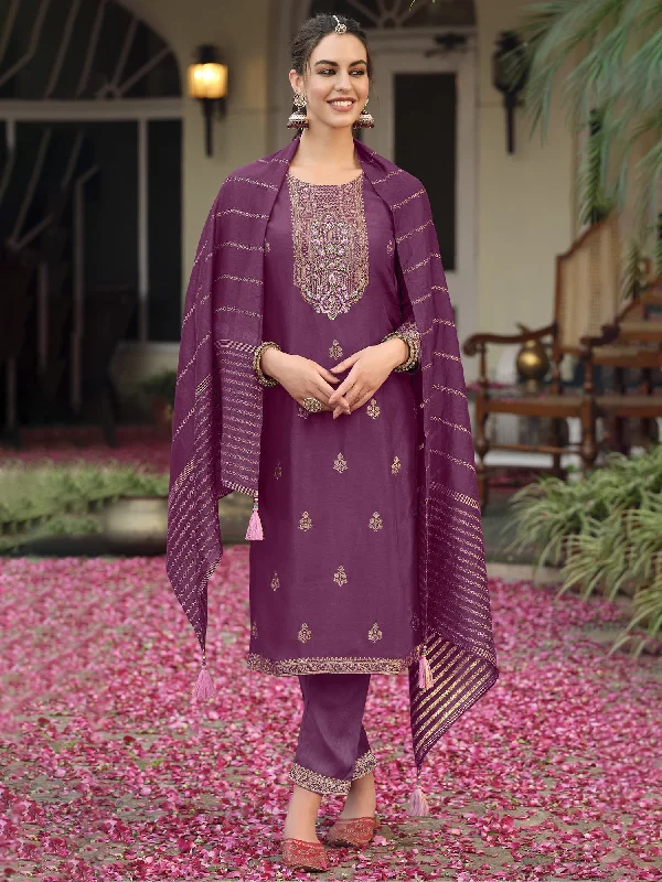 Women's Burgundy Embroidered Straight Kurta Trousers With Dupatta Set - Indo Era Trousers Handmade Artisanal