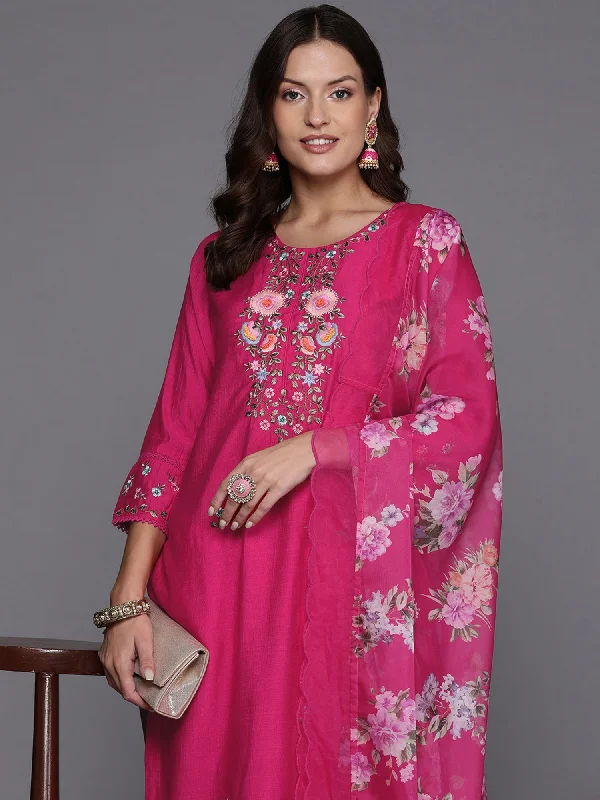 Women's Magenta Embroidered Straight Kurta Trousers With Dupatta Set - Indo Era Trousers Sale Discount