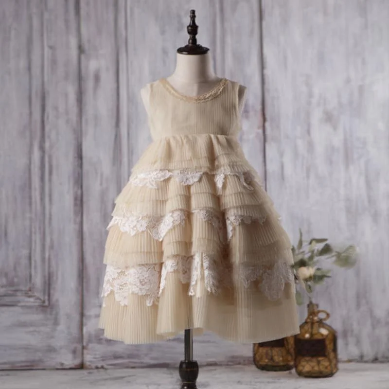 Round Neckline Sleeveless Beige Tulle Lace Flower Girl Dresses, Affordable Little Girl Dresses, FG058 Round Neckline Sleeveless Beige Tulle Lace Flower Girl Dresses, Affordable Little Girl Dresses, FG058