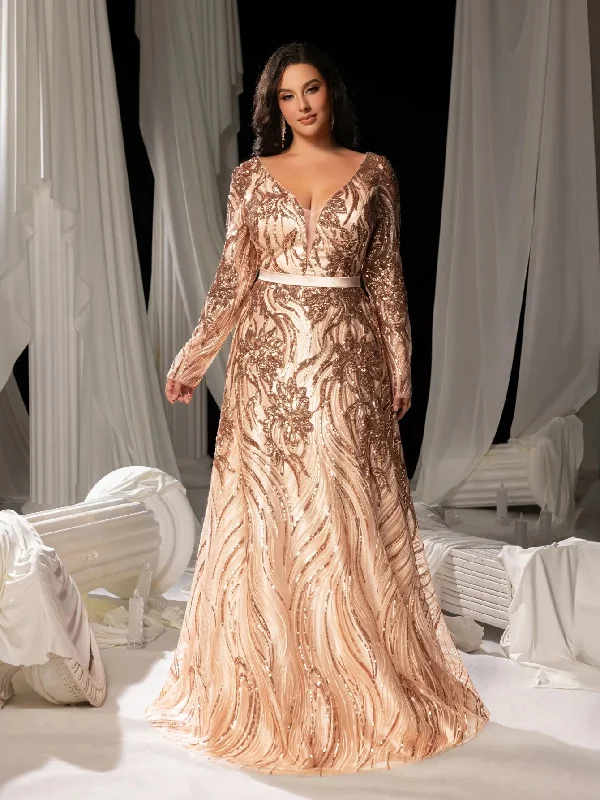 Plus Elegant Plunging Neck Lace-up Back Graphic Sequin Formal Prom Dress Evening Dress Plus Elegant Plunging Neck Lace-up Back Graphic Sequin Formal Prom Dress Evening Dress