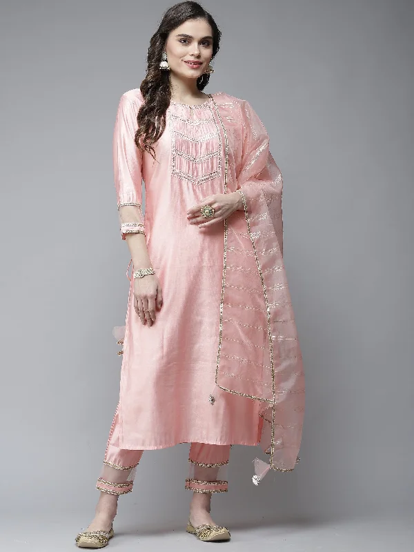 Women's Pink Embroidered A-Line Kurta With Trouser Set - Indo Era Trousers Office Stylish