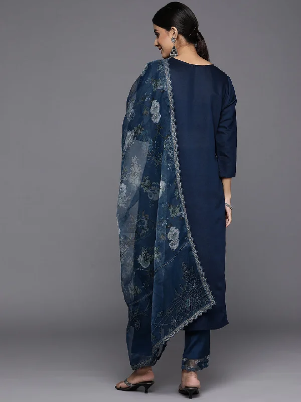 Women's Blue Embroidered Straight Kurta Trousers With Dupatta Set - Indo Era Trousers Modern Contemporary