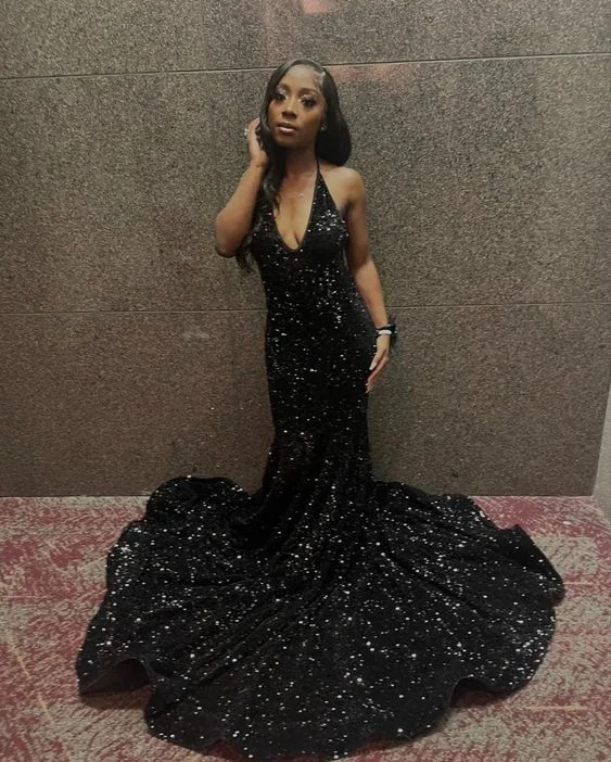 V-Neck Halter Backless Sequins Mermaid Long Prom Evening Dress With Sweep Train Y5939