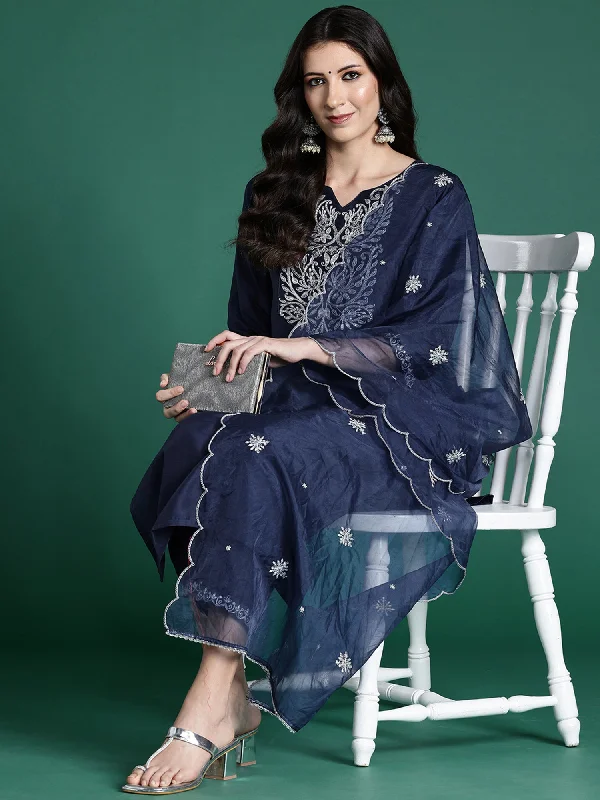 Women's Navyblue Embroidered Straight Kurta Trousers With Dupatta Set - Indo Era Trousers Wedding White