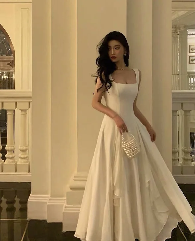 Square Neck White Asymmetric A-Line Long Evening Dress Y2786