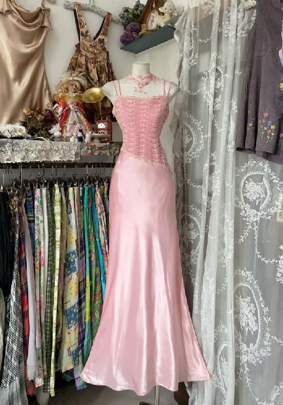 Chic Pink Spaghetti Straps Satin Mermaid Prom Evening Dress Y8104