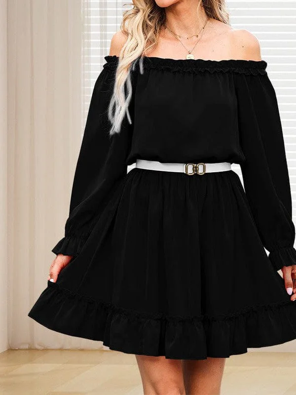 High Waist One-Line Collar Dress With Long Lantern Sleeves