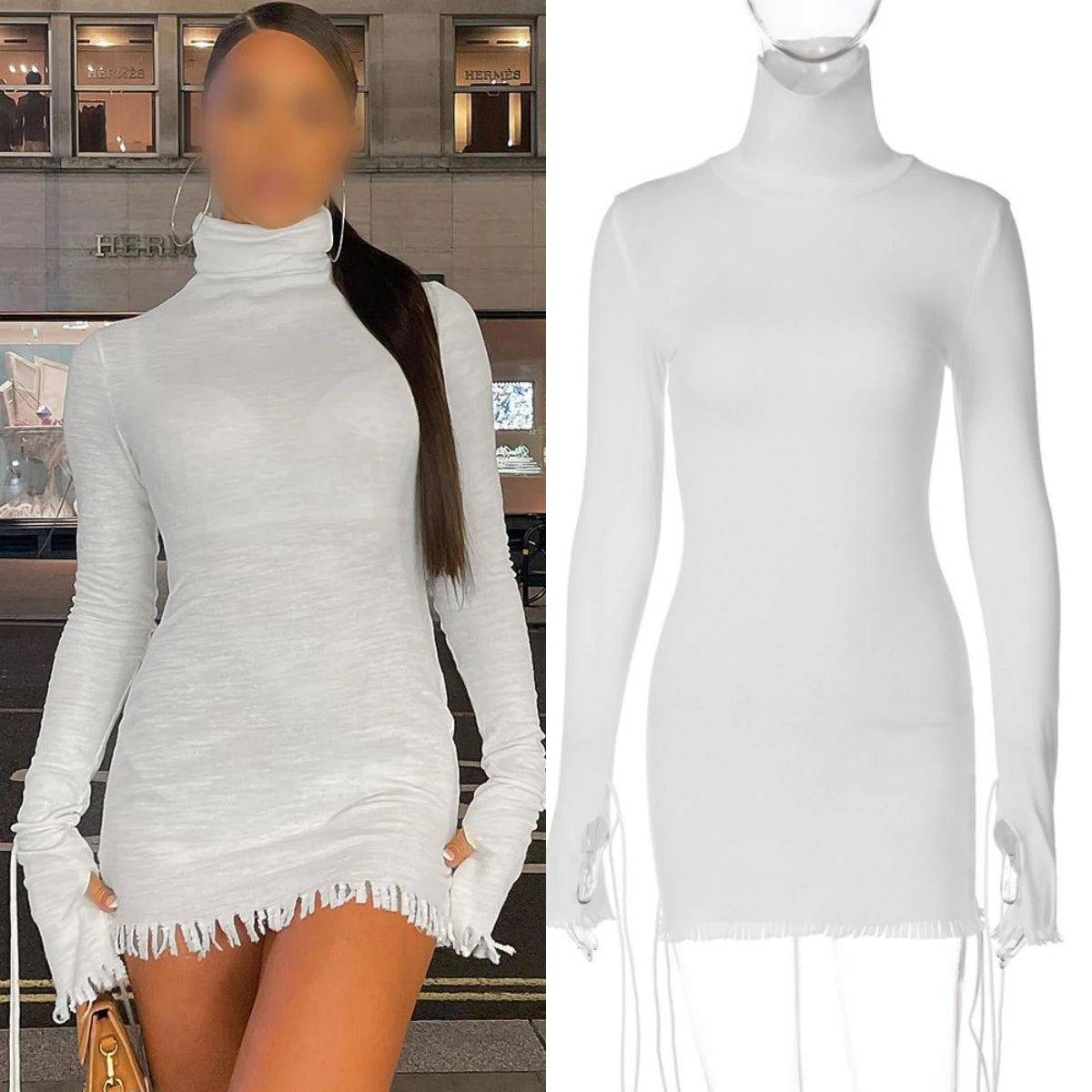 D3B14731G 2024 New Arrival Streetwear Dresses Lady Long Sleeve High Neck White Dress D3B14731G 2024 New Arrival Streetwear Dresses Lady Long Sleeve High Neck White Dress