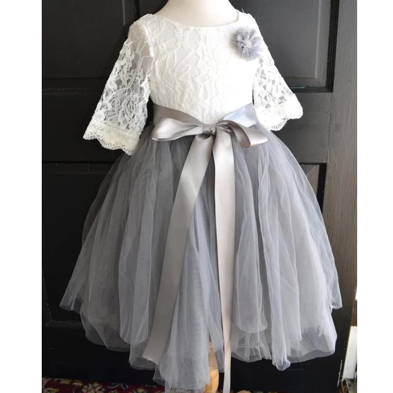 Round Neck Lace Top Grey Tulle Skirt Flower Girl Dresses, Lovely Cheap Little Girl Dresses, FG067 Round Neck Lace Top Grey Tulle Skirt Flower Girl Dresses, Lovely Cheap Little Girl Dresses, FG067